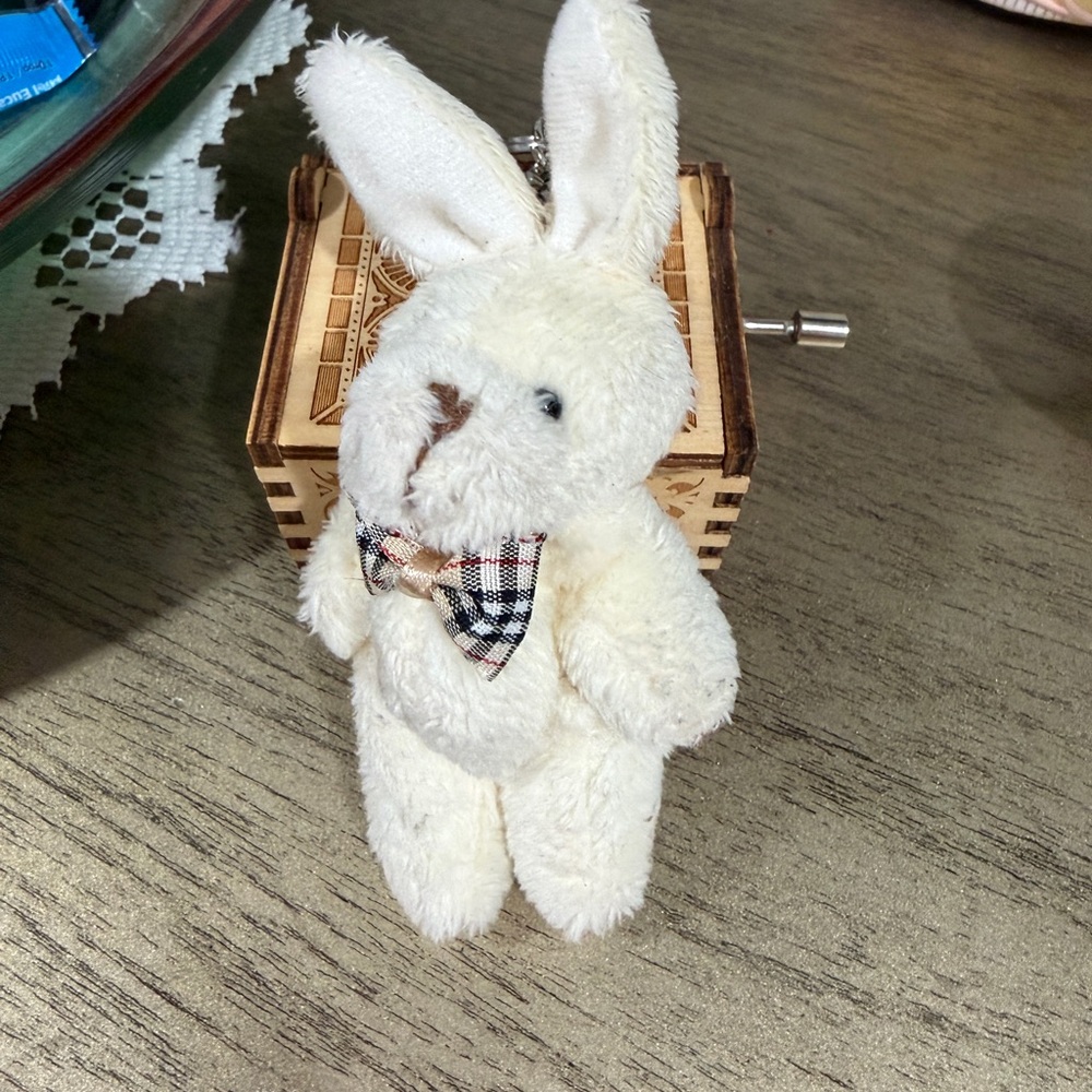 Plush Bunny Key & Card Holder Charm - Cream with Plaid Bow